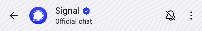 Signal chat header showing the blue official seal next to the Signal name with the Official Chat label beneath