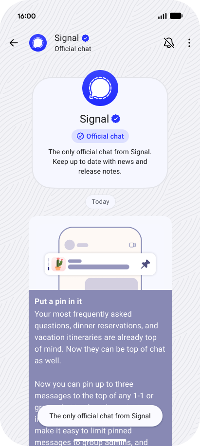 Official Signal chat in light theme: placed in the chat list by Signal, with the reserved background pattern, no reply box, and no call buttons