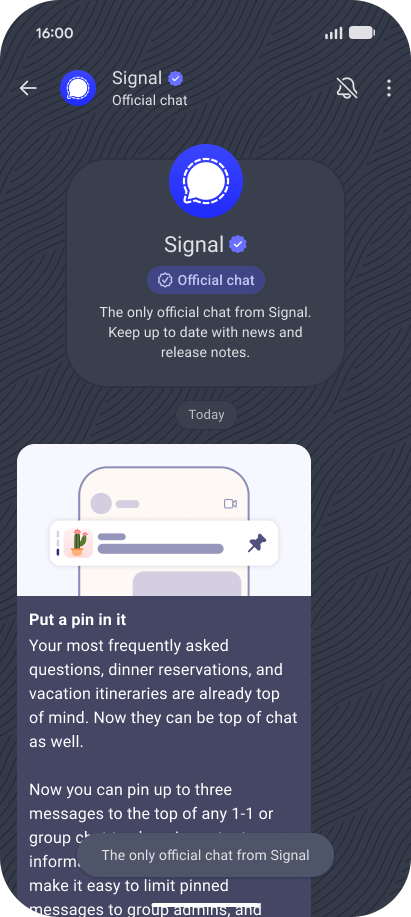 Official Signal chat in dark theme: placed in the chat list by Signal, with the reserved background pattern, no reply box, and no call buttons